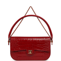 Chanel Top Handle "Turn Around" Clutch with Chain Red Croc Embossed Calfskin Gold Hardware