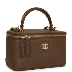 Chanel Small Top Handle Vanity Case Brown Grained Calfskin Gold Hardware