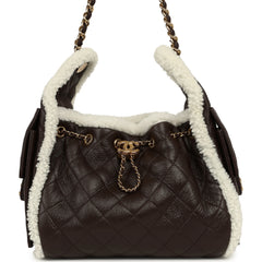 Chanel Small 25 Hobo Bag Dark Brown Crumpled Sheepskin, Ecru Shearling Gold Hardware