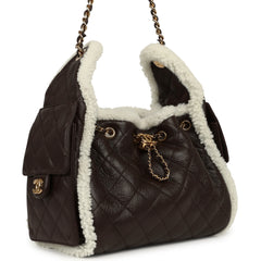Chanel Small 25 Hobo Bag Dark Brown Crumpled Sheepskin, Ecru Shearling Gold Hardware