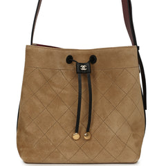 Chanel Medium "CC Loop" Drawstring Bucket Bag with Leather Strap Beige Suede, Black Calfskin Gold Hardware