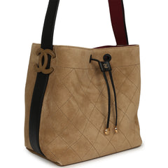 Chanel Medium "CC Loop" Drawstring Bucket Bag with Leather Strap Beige Suede, Black Calfskin Gold Hardware