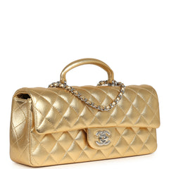 Chanel Classic Top Handle Long Flap Bag Gold Metallic Caviar Silver Hardware