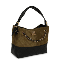 Chanel Mini Coco Base Bag Khaki Suede, Black Lambskin Gold Hardware