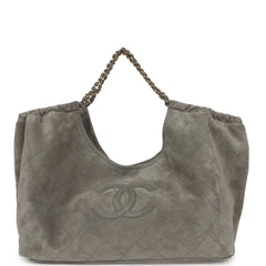 Chanel Maxi CC Cabas Hobo Bag Dark Grey Suede Gold Hardware