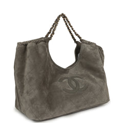 Chanel Maxi CC Cabas Hobo Bag Dark Grey Suede Gold Hardware