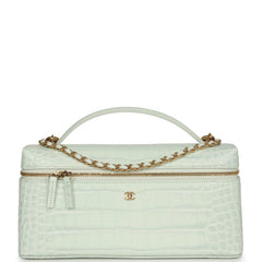 Chanel Large East West Top Handle Long Vanity Case with Chain Light Blue Croc Embossed Calfskin Gold Hardware