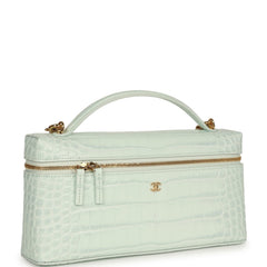 Chanel Large East West Top Handle Long Vanity Case with Chain Light Blue Croc Embossed Calfskin Gold Hardware