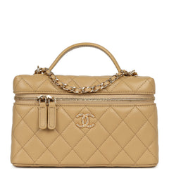 Chanel Top Handle Long Vanity Case with Chain Beige Shiny Caviar Gold Hardware