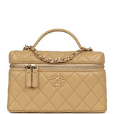 Chanel Top Handle Long Vanity Case with Chain Beige Shiny Caviar Gold Hardware - Thumbnail View 1