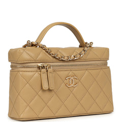 Chanel Top Handle Long Vanity Case with Chain Beige Shiny Caviar Gold Hardware
