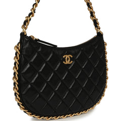 Chanel Small Chain Around Hobo Bag Black Shiny Lambskin Antique Gold Hardware