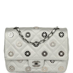 Pre-owned Chanel Small Eyelets Flap Bag, shown in quilted silver metallic calfskin with circular studded embellishments.