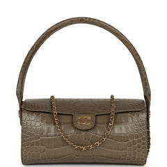 Chanel Barrel Clutch Bag with Chain Dark Khaki Croc Embossed Calfskin Gold Hardware