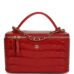 Chanel Small Top Handle Vanity Case Dark Red Croc Embossed Calfskin Gold Hardware