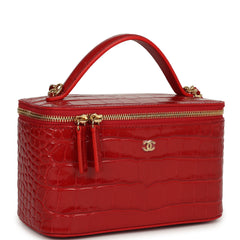 Chanel Small Top Handle Vanity Case Dark Red Croc Embossed Calfskin Gold Hardware