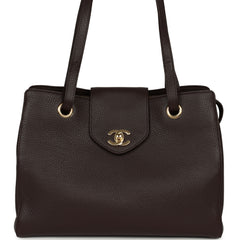 Chanel Small Shopping Tote Dark Brown Grained Calfskin Gold Hardware