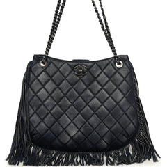 Chanel Paris-Dallas "Into the Fringe" Hobo Bag Navy Blue Distressed Calfskin Aged Ruthenium Hardware