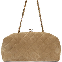 Chanel Large Clutch with Chain Dark Beige Suede Gold Hardware, shown in a quilted design with a strap and turn-lock clasp.