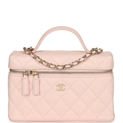 Chanel Top Handle Long Vanity Case with Chain Light Pink Shiny Caviar Light Gold Hardware