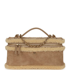 Chanel Top Handle Long Vanity Case with Chain Beige Suede, Shearling Gold Hardware