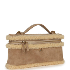 Chanel Top Handle Long Vanity Case with Chain Beige Suede, Shearling Gold Hardware