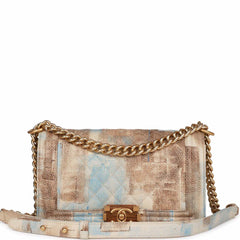 Chanel Medium Boy Bag Beige and Blue Cuba Painted Caviar Gold Hardware
