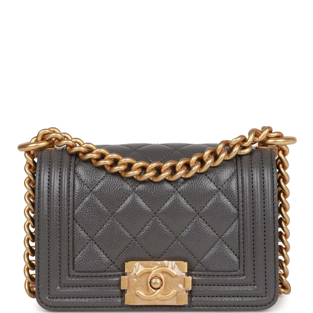 Chanel Mini Boy Bag Grey Caviar Antique Gold Hardware  Madison Avenue  Couture