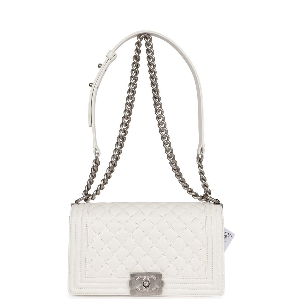 Chanel Medium Boy Bag White Caviar Aged Silver Hardware – Madison Avenue  Couture