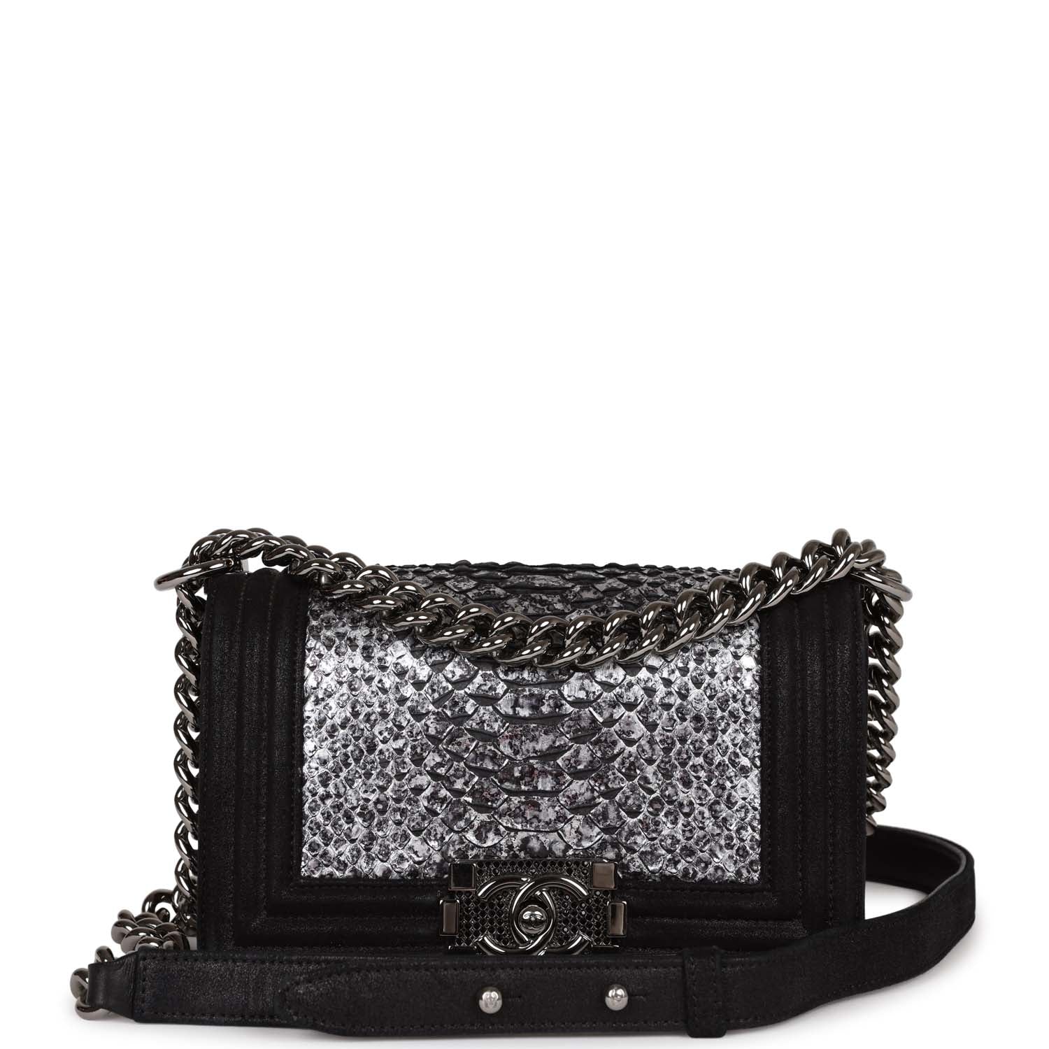 Pre-owned Chanel Small Boy Bag Black Suede and Silver Python Silver Ha