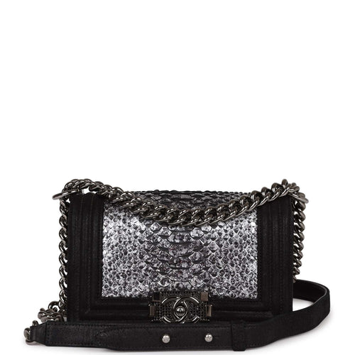 Pre-owned Chanel Small Boy Bag Black Suede and Silver Python Silver Hardware