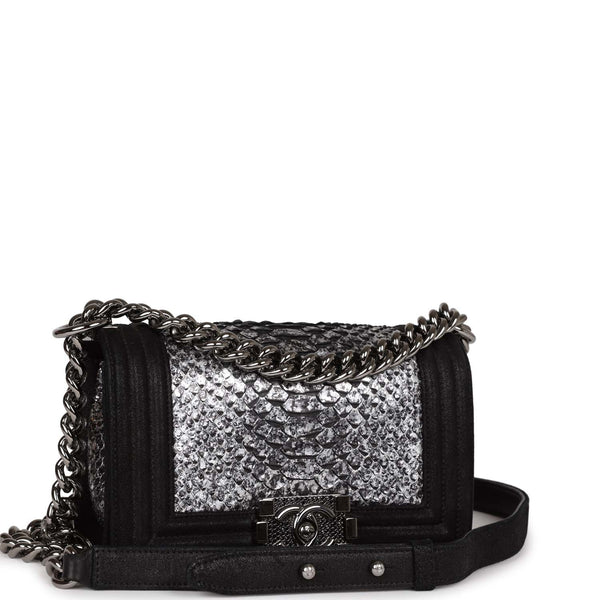 Pre-owned Chanel Small Boy Bag Black Suede and Silver Python Silver Ha
