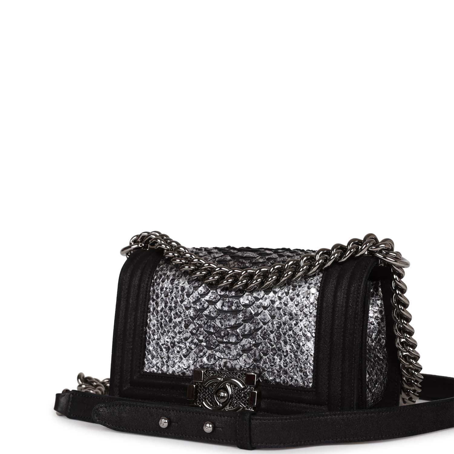Pre-owned Chanel Small Boy Bag Black Suede and Silver Python Silver Ha