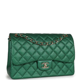 Pre-owned Chanel Jumbo Classic Double Flap Bag Emerald Green Caviar Light Gold Hardware