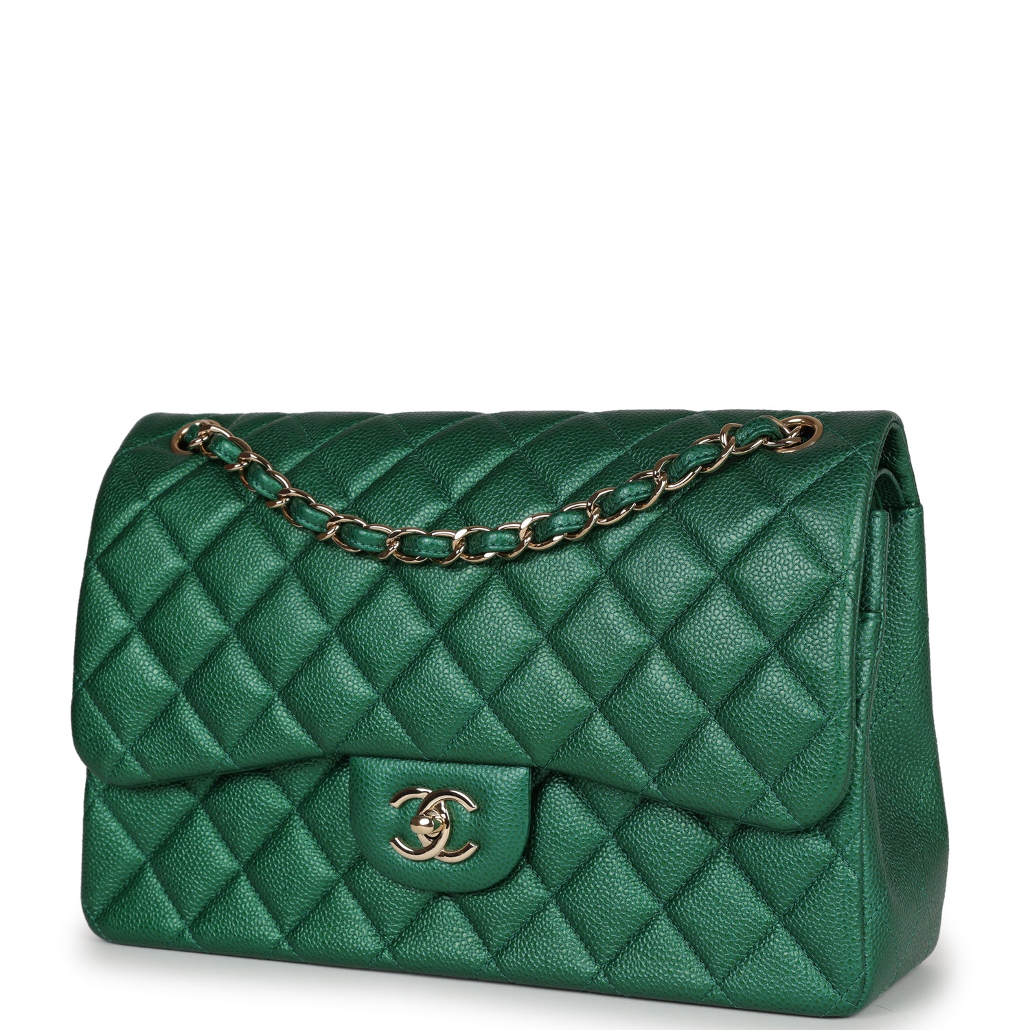 Pre-owned Chanel Jumbo Classic Double Flap Bag Emerald Green Caviar Li ...