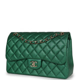 Pre-owned Chanel Jumbo Classic Double Flap Bag Emerald Green Caviar Light Gold Hardware