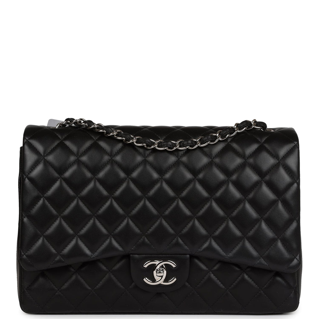 Chanel Maxi Classic Double Flap Bag Black Lambskin Silver Hardware