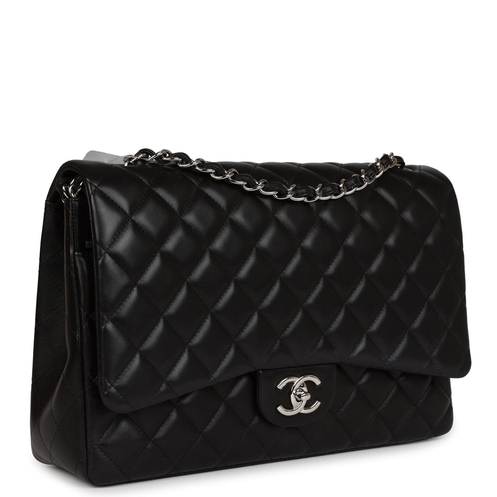 Chanel Maxi Classic Double Flap Bag Black Lambskin Silver Hardware