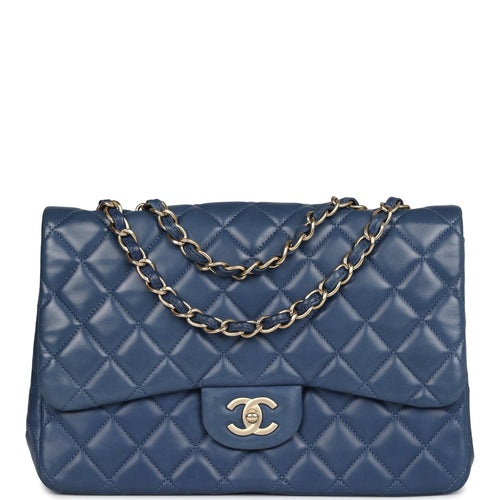 Pre-owned Chanel Jumbo Classic Single Flap Bag Blue Lambskin Brushed Gold Hardware