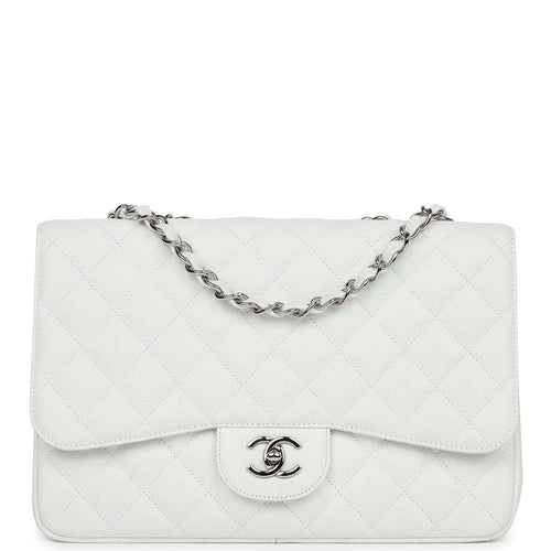Pre-owned Chanel Jumbo Classic Single Flap Bag White Caviar Silver Hardware