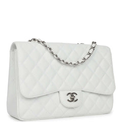 Pre-owned Chanel Jumbo Classic Single Flap Bag White Caviar Silver Hardware