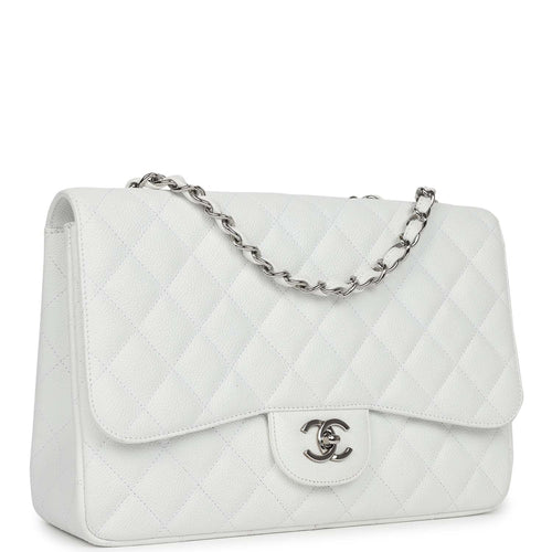 Pre-owned Chanel Jumbo Classic Single Flap Bag White Caviar Silver Hardware