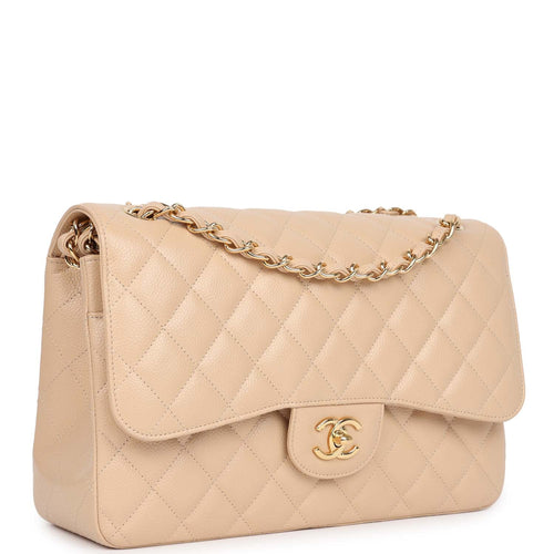 Pre-owned Chanel Jumbo Classic Double Flap Bag Light Beige Caviar Gold Hardware