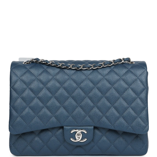 Chanel Maxi Classic Double Flap Bag Dark Blue Caviar Silver Hardware