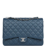 Chanel Maxi Classic Double Flap Bag Dark Blue Caviar Silver Hardware