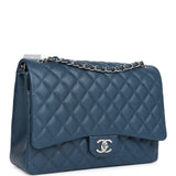 Chanel Maxi Classic Double Flap Bag Dark Blue Caviar Silver Hardware