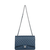 Chanel Maxi Classic Double Flap Bag Dark Blue Caviar Silver Hardware