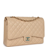 Chanel Maxi Classic Double Flap Bag Beige Caviar Gold Hardware