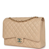 Chanel Maxi Classic Double Flap Bag Beige Caviar Gold Hardware