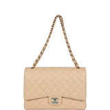 Chanel Maxi Classic Double Flap Bag Beige Caviar Gold Hardware